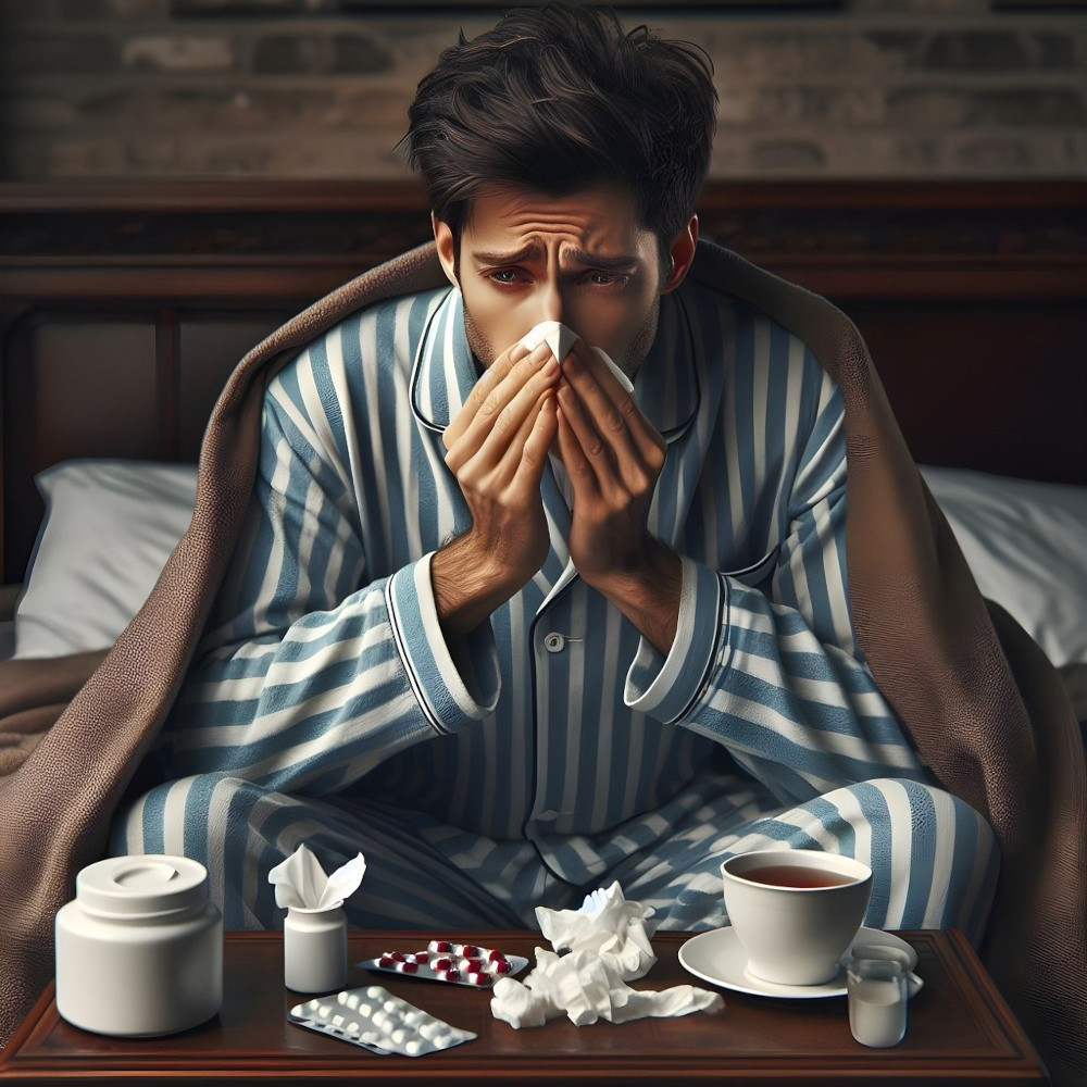 Sick man recovering from flu